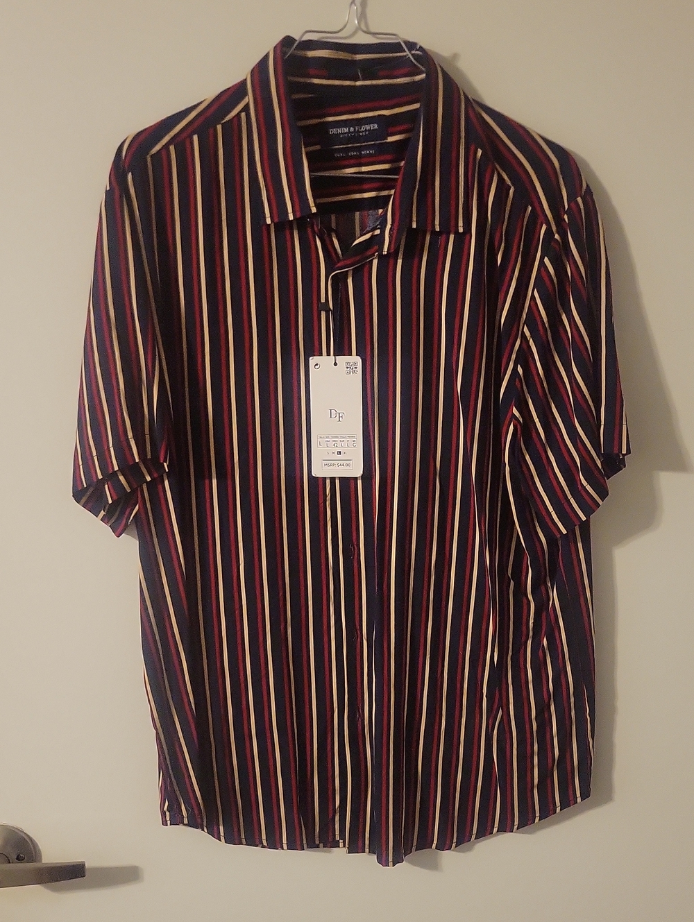 Denim & Flower Navy Stripe Short-Sleeve Button-Down with Red and Cream Accents